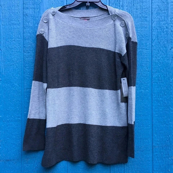Vince Camuto Striped Ribbed Knit Button Shoulder Casual Sweater Plus Size Blouse - Picture 3 of 7